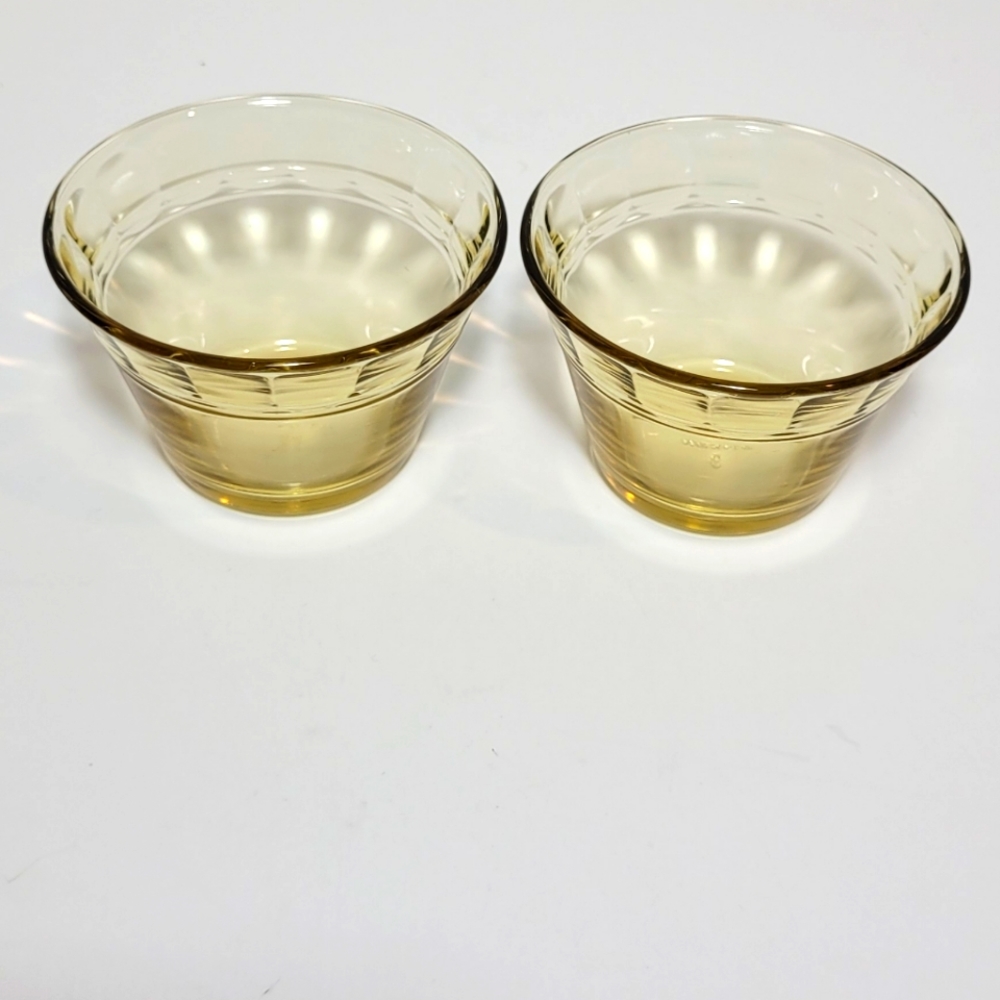 Set of Two Vintage Amber Glass Fluted Custard Cups Ramekins Excellent